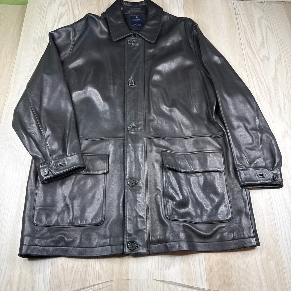 Brooks Brothers Mens Black Genuine Leather Classic Lined Zip Up Jacket Size XL